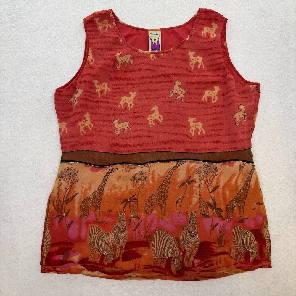 Original Anthony Women's Tank Top Red Cream Safari Print Size 1X